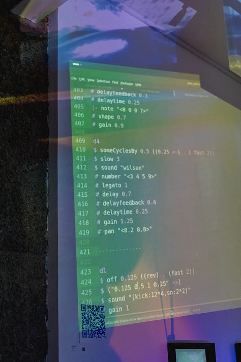 Images of performances in gallery space with artists using various types of sound and projection equipment  