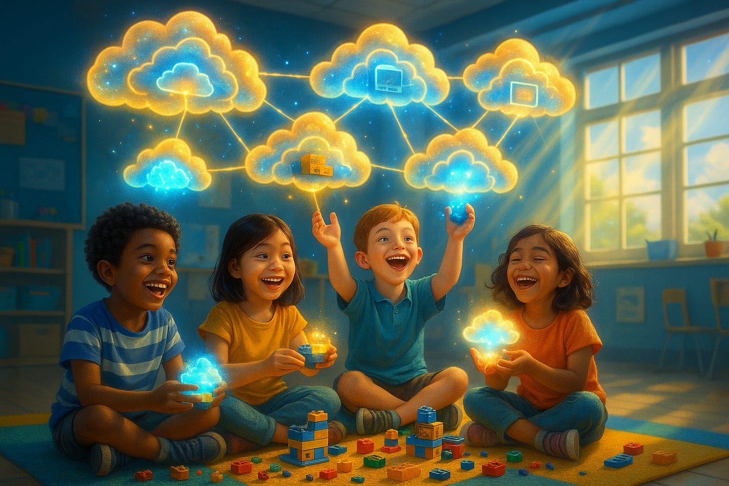 Children playing with blocks while magical glowing clouds float above them in a sunlit classroom Children playing with blocks while magical glowing clouds float above them in a sunlit classroom