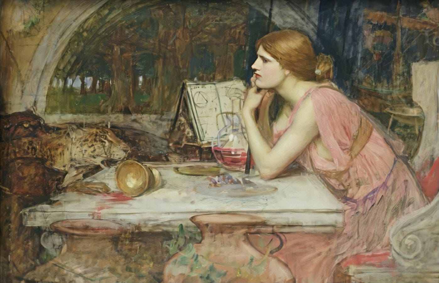 Sorceress contemplates at table with tiger, wine, and book of alchemy