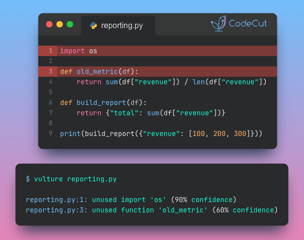 Code example: Vulture - Scan Python Projects for Dead Code Code example: Vulture - Scan Python Projects for Dead Code