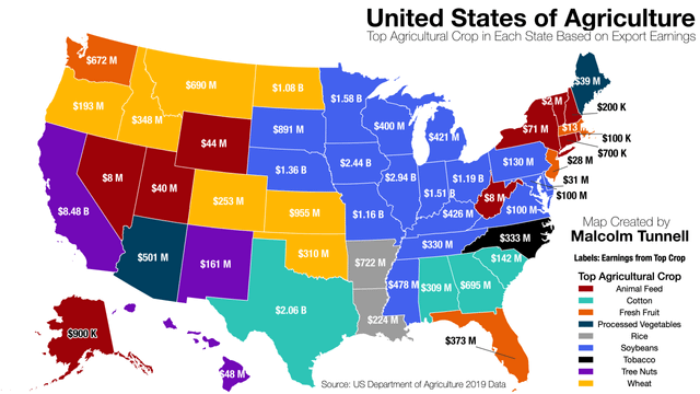 r/dataisbeautiful - [OC] United States of Agriculture: Top Agricultural Crop in Each State