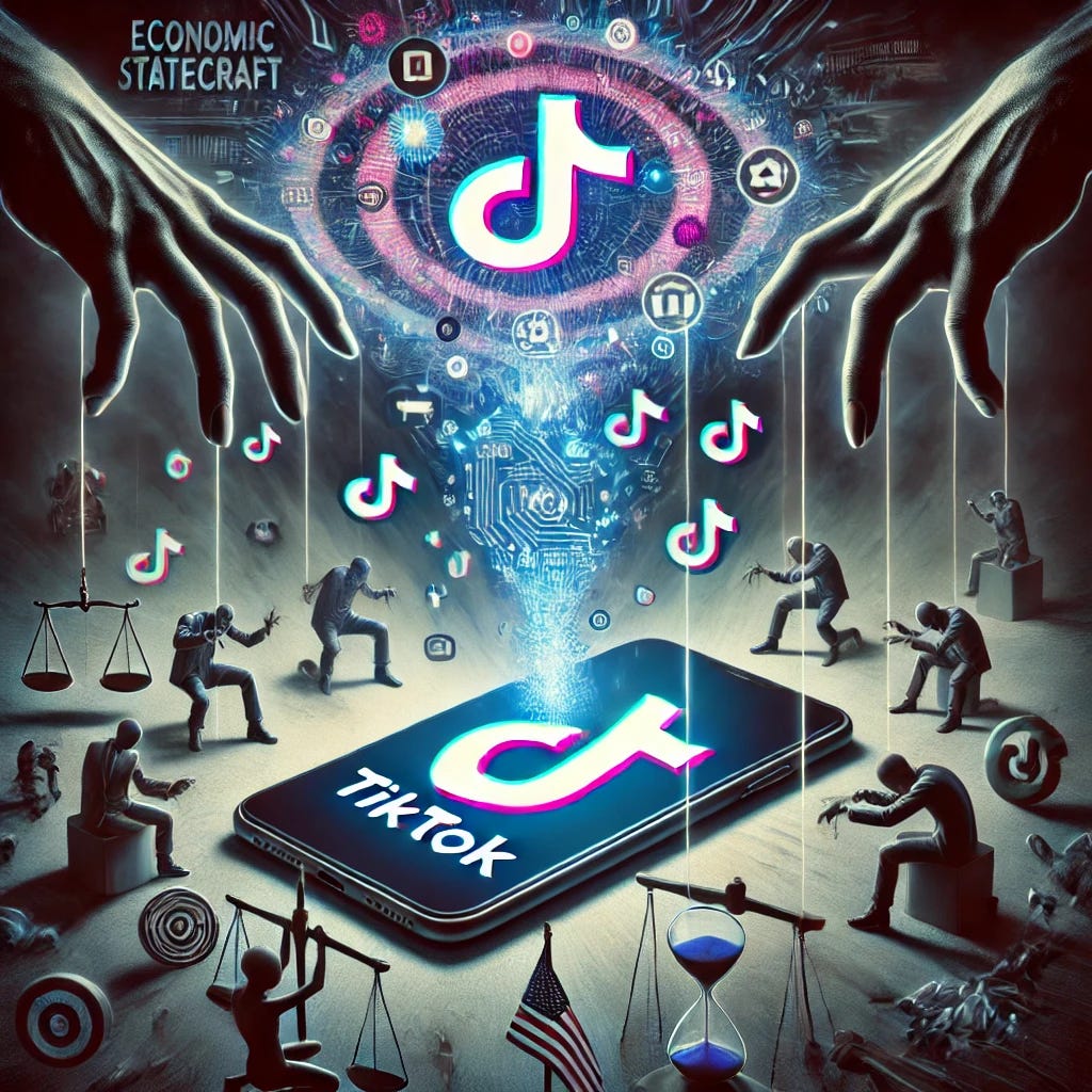 A conceptual digital art piece illustrating economic statecraft, social engineering, mind control, and addiction through technology. The image features a glowing smartphone with the TikTok logo, emitting algorithmic patterns resembling dopamine molecules, symbolizing addictive behaviors. Surrounding the phone, shadowy hands control puppet strings connected to human figures who appear trapped and overwhelmed, some with chains symbolizing addiction. In the background, a swirling, hypnotic vortex enhances the sense of mind control, while dark, smoky elements depict the weight of manipulation. Subtle elements like a balance scale, the American flag, and corporate logos highlight systemic influence. The style is modern, dark, and impactful.