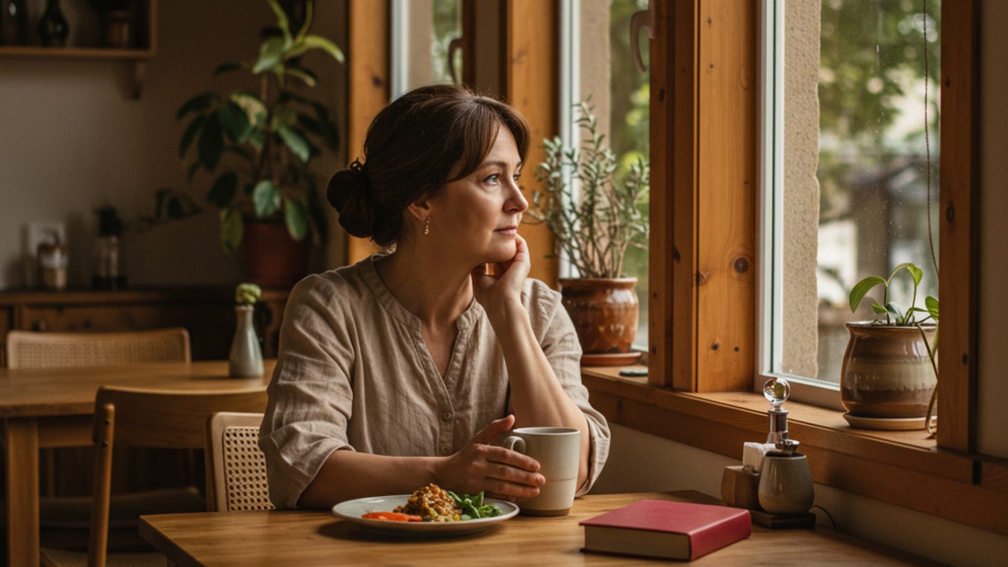 Mulher sentada sozinha em uma cafeteria acolhedora, olhando pela janela com expressão pensativa. À sua frente, uma xícara, um prato com comida e um livro vermelho. A cena transmite introspecção, pausa e contemplação silenciosa.