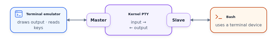 A terminal emulator connects to the master end of one kernel PTY while Bash connects to the slave end