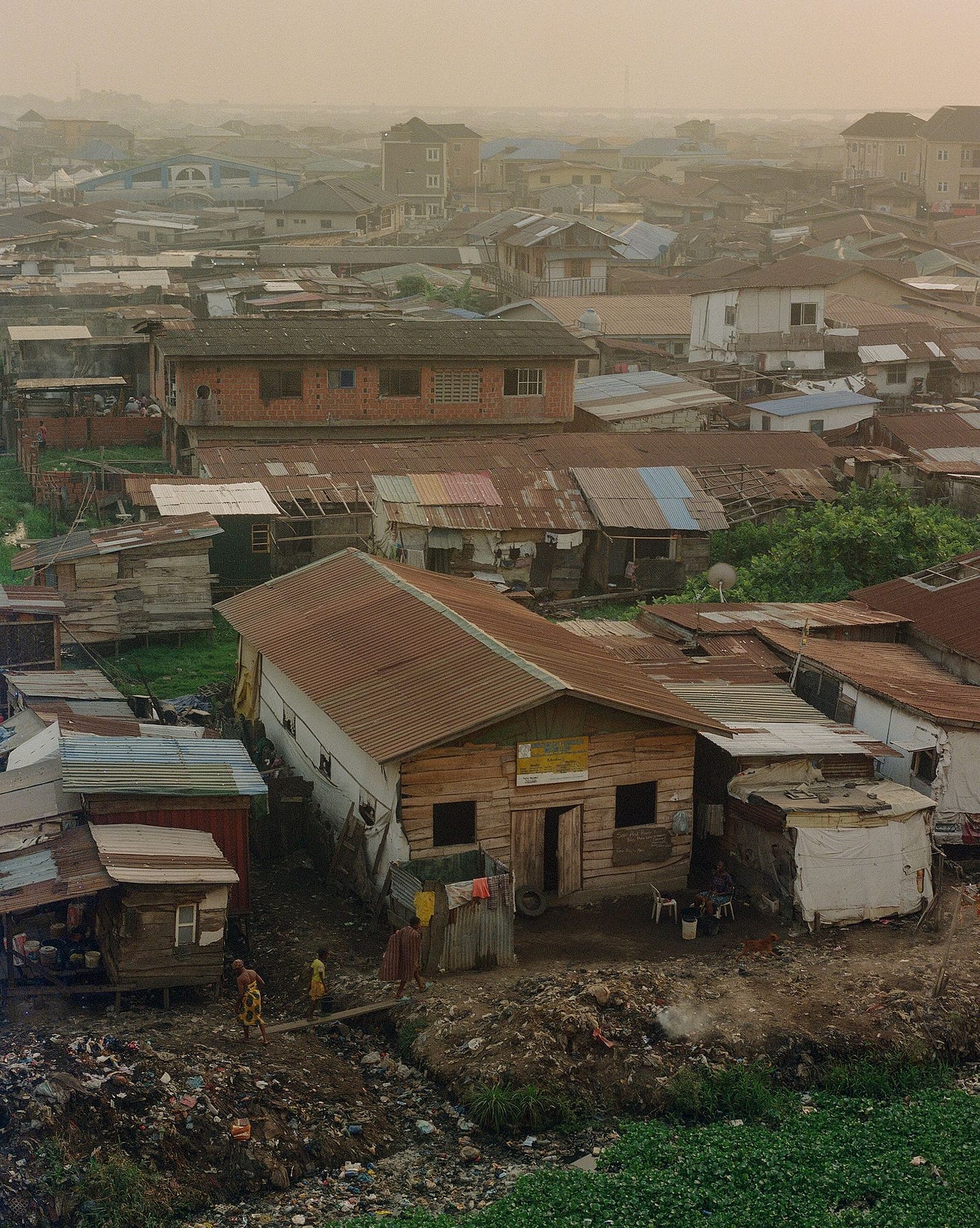 An overhead view of modest homes.