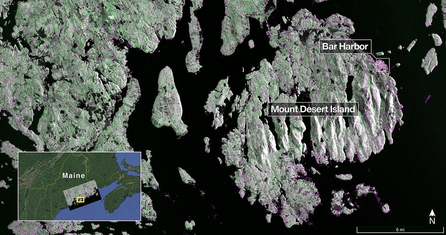 Captured on Aug. 21, this image from NISAR’s L-band radar shows Maine’s Mount Desert Island. Green indicates forest; magenta represents hard or regular surfaces, like bare ground and buildings. The magenta area on the island’s northeast end is the town of Bar Harbor.