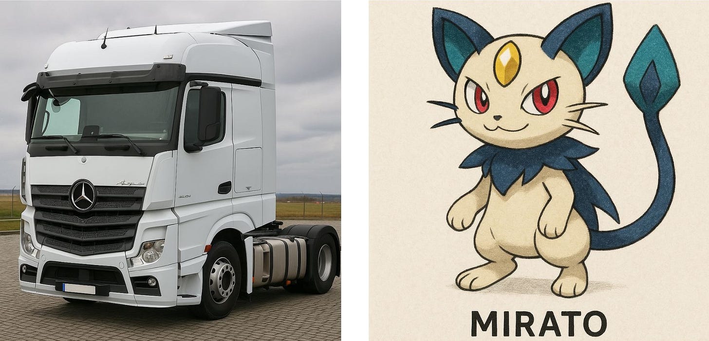Left image: White Mercedes-Benz Actros semi-truck cab parked on concrete pavement with rural landscape in background under overcast sky" Right image: Pokémon-like character named Mirato with cream-colored fur, blue ears and tail tip, red eyes, yellow forehead gem, and dark blue collar, shown in cartoon art style with name text below Left image: White Mercedes-Benz Actros semi-truck cab parked on concrete pavement with rural landscape in background under overcast sky" Right image: Pokémon-like character named Mirato with cream-colored fur, blue ears and tail tip, red eyes, yellow forehead gem, and dark blue collar, shown in cartoon art style with name text below