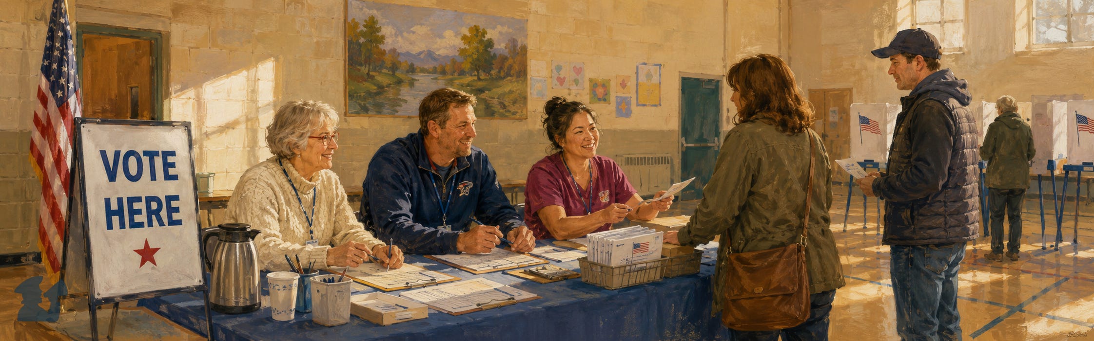 Local election judges welcome voters at a Minnesota polling place, with check-in tables, ballots, voting booths, and a Vote Here sign in a warmly painted community-center scene. Local election judges welcome voters at a Minnesota polling place, with check-in tables, ballots, voting booths, and a Vote Here sign in a warmly painted community-center scene.