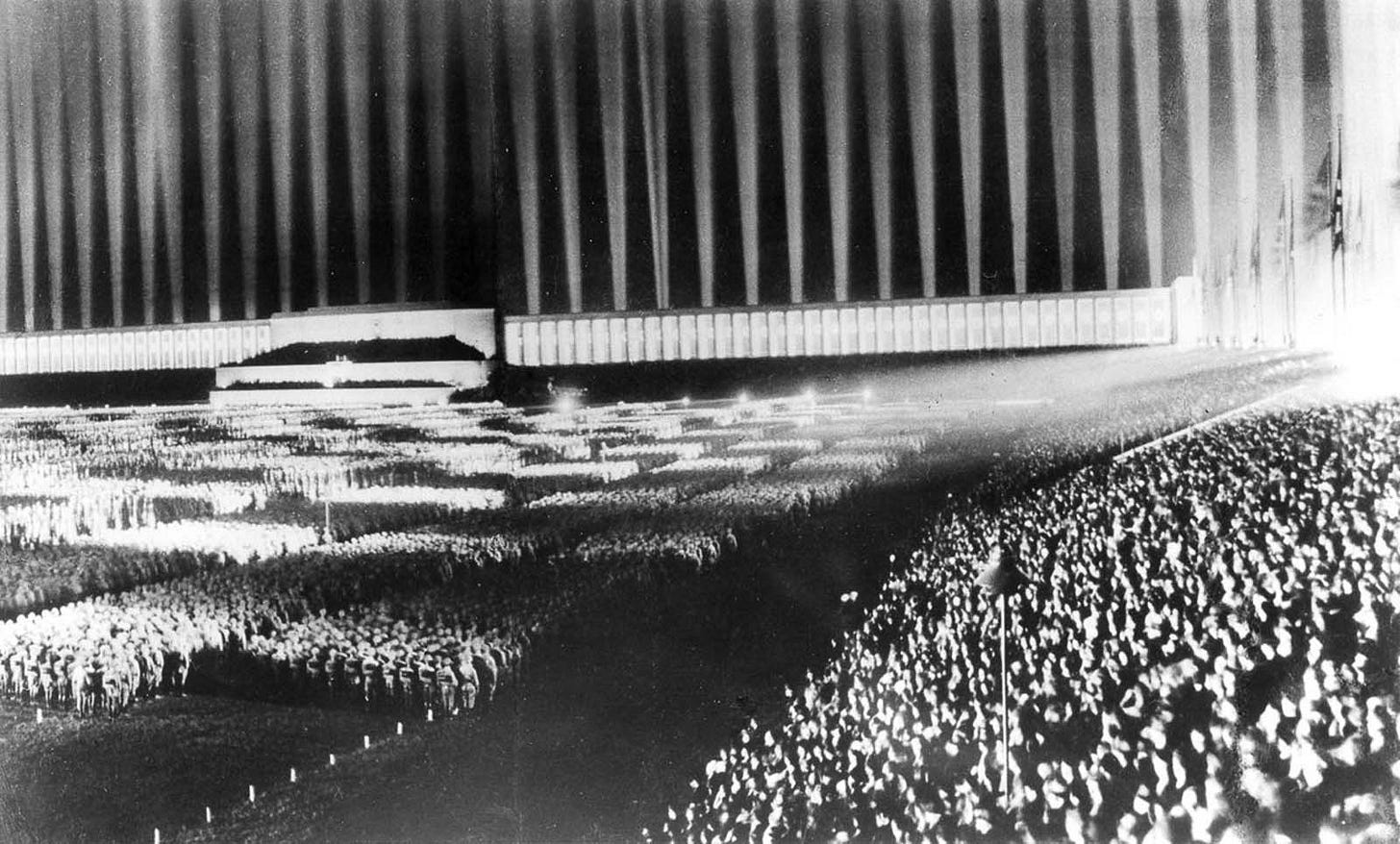 Historian Kathleen James-Chakraborty describes the 'Lichtdom' as ‘the single most dramatic moment of the Nazi Party rallies,’ 1936. Historian Kathleen James-Chakraborty describes the 'Lichtdom' as ‘the single most dramatic moment of the Nazi Party rallies,’ 1936.