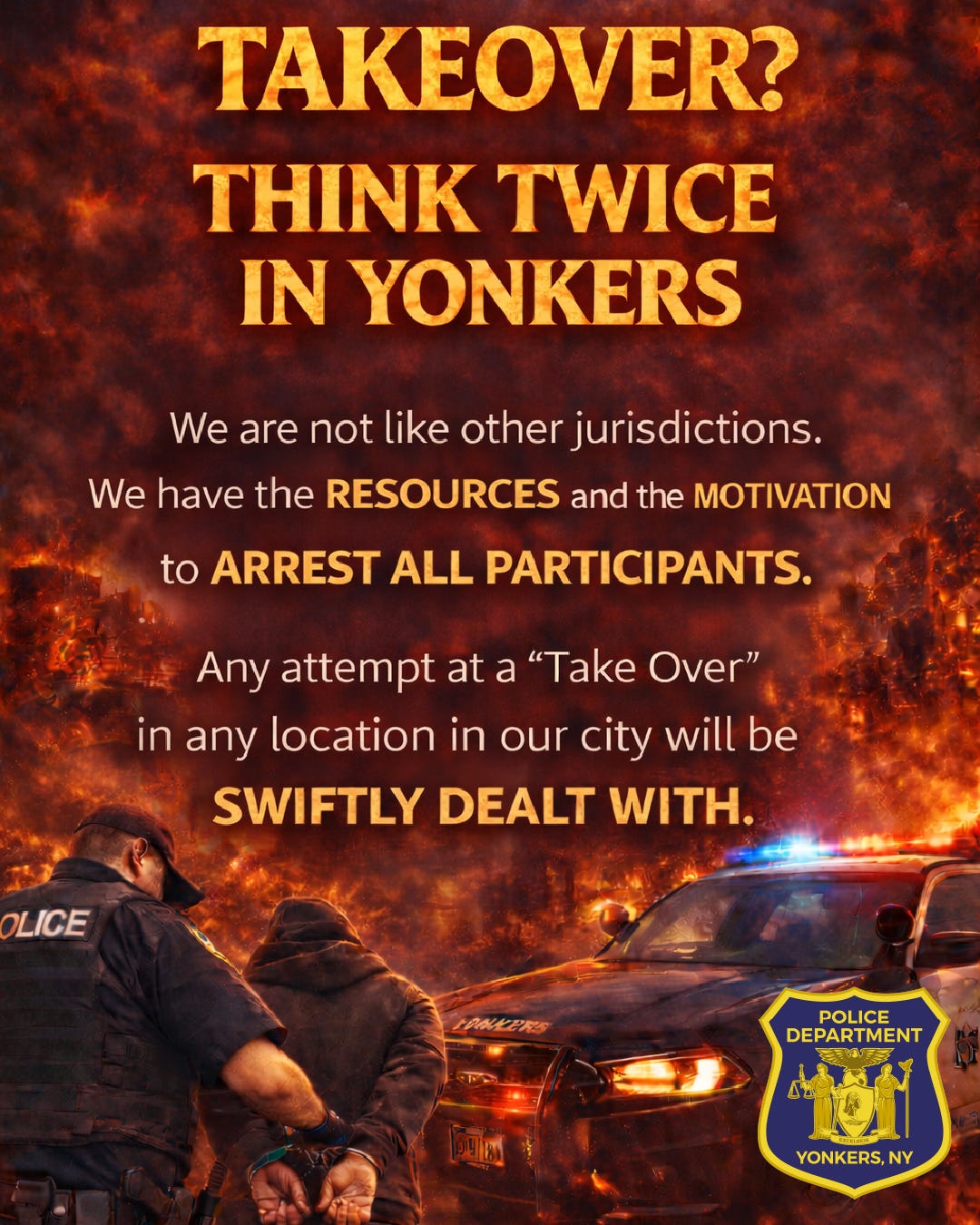 May be an image of text that says 'TAKEOVER? THINK TWICE IN YONKERS We are not like other jurisdictions. We have the RESOURCES and the MOTIVATION to ARREST ALL PARTICIPANTS. Any attempt at a "Take Over" in any locatior in our city will be SWIFTLY DEALT WITH OLICE POLICE DEPARTMENT DEPAR YONKERS, NY' May be an image of text that says 'TAKEOVER? THINK TWICE IN YONKERS We are not like other jurisdictions. We have the RESOURCES and the MOTIVATION to ARREST ALL PARTICIPANTS. Any attempt at a "Take Over" in any locatior in our city will be SWIFTLY DEALT WITH OLICE POLICE DEPARTMENT DEPAR YONKERS, NY'