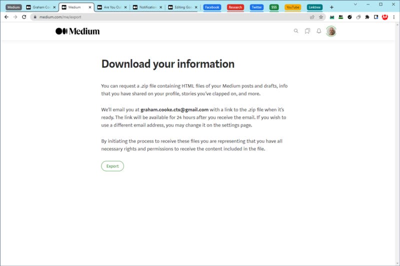 Chrome Browser window screen capture, showing export for Medium profile.