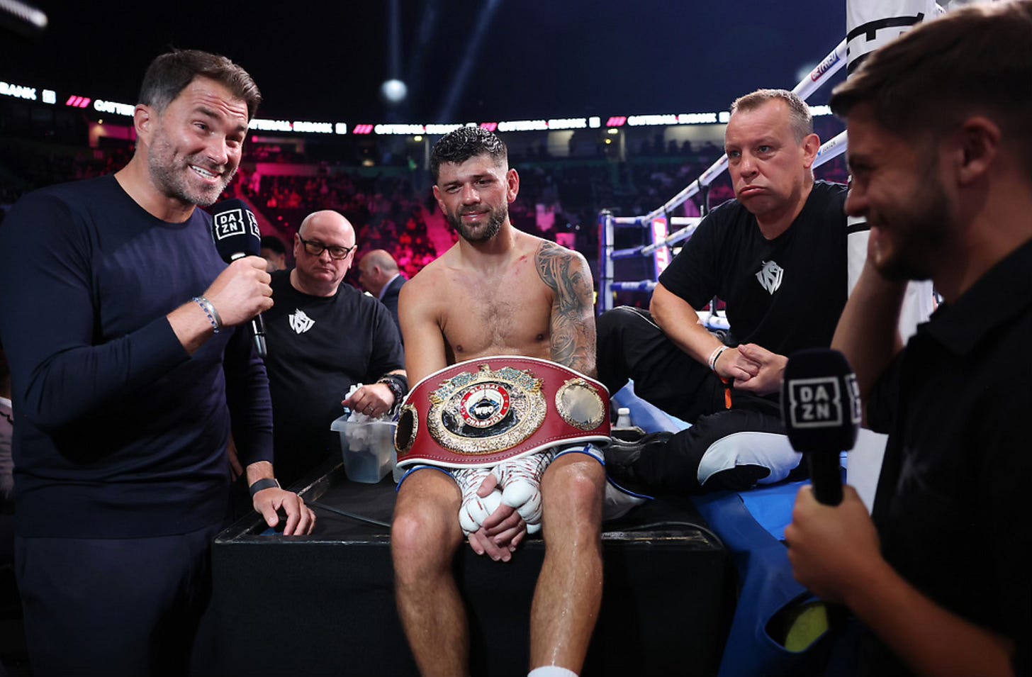 Eddie Hearn, Joe Cordina and Gary Lockett take part in a post-fight interview with broadcaster DAZN.