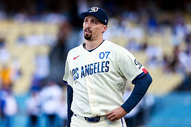 Blake Snell of the Los Angeles Dodgers looks on prior to the game between the Atlanta Braves and the Los Angeles Dodgers at UNIQLO Field at Dodger... Blake Snell of the Los Angeles Dodgers looks on prior to the game between the Atlanta Braves and the Los Angeles Dodgers at UNIQLO Field at Dodger...
