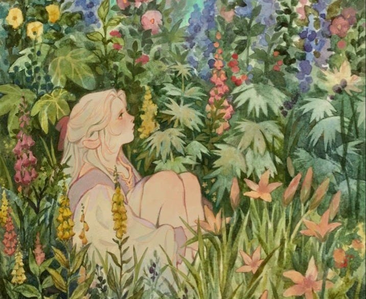 This may contain: a painting of a woman sitting in the middle of flowers and plants with her back turned to the camera