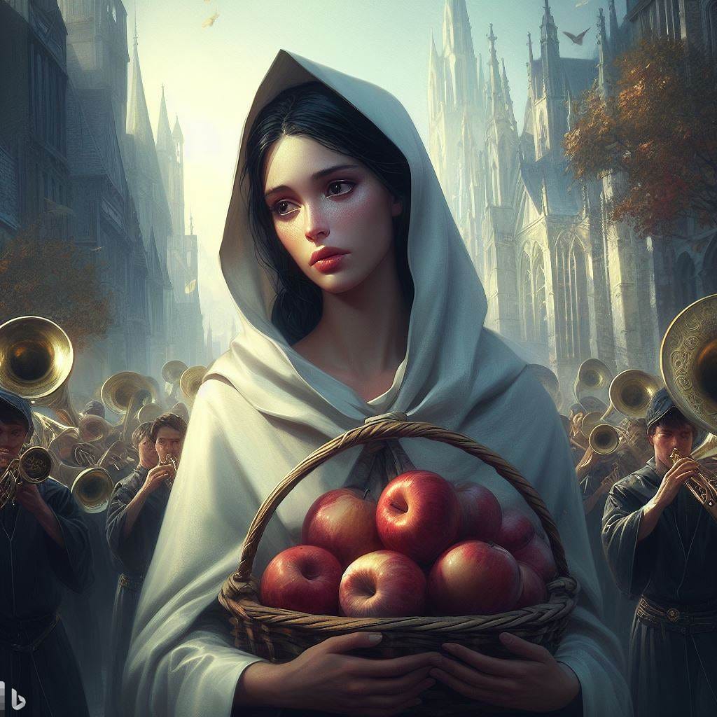 30 year old woman cleric black hair blushing holding nothing looking somber, in city, a dozen trumpeters, basket of apples, fantasy art