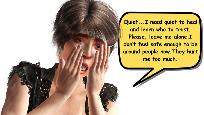 Image of a young woman crying with her face in her palms. That’s how an abuse survivor feels when they are told that it’s not good to be alone and they “must” have a relationship. Think about the harm you do before trying to impose your opinions on how someone should live their life. (Image created by me in 3D and Canva).