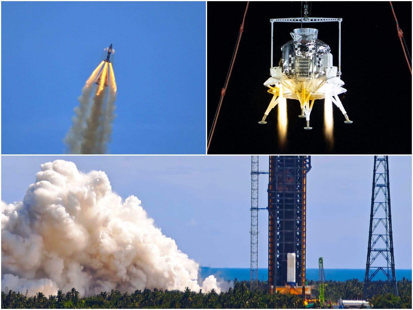 The Mengzhou capsule during its zero-altitude launch escape test (top left), the Lanyue lunar lander during simulated lunar gravity flight (top right), and the Long March 10 series static fire article during its first test (bottom).