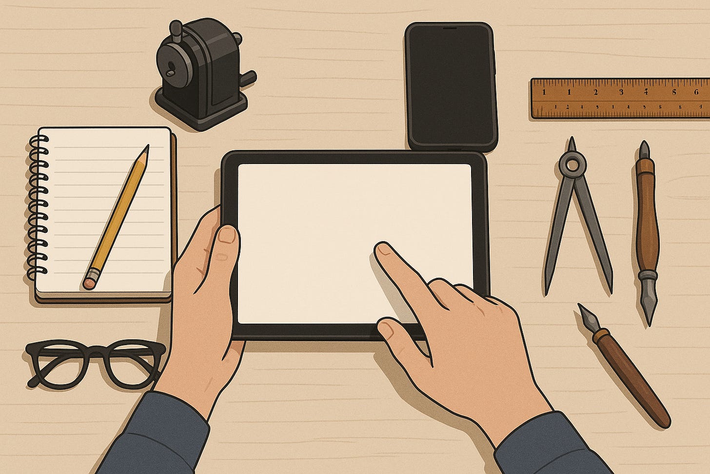 an illustration of A minimal office desk with both vintage tools and modern technology, human hands working on a tablet while traditional tools lie nearby