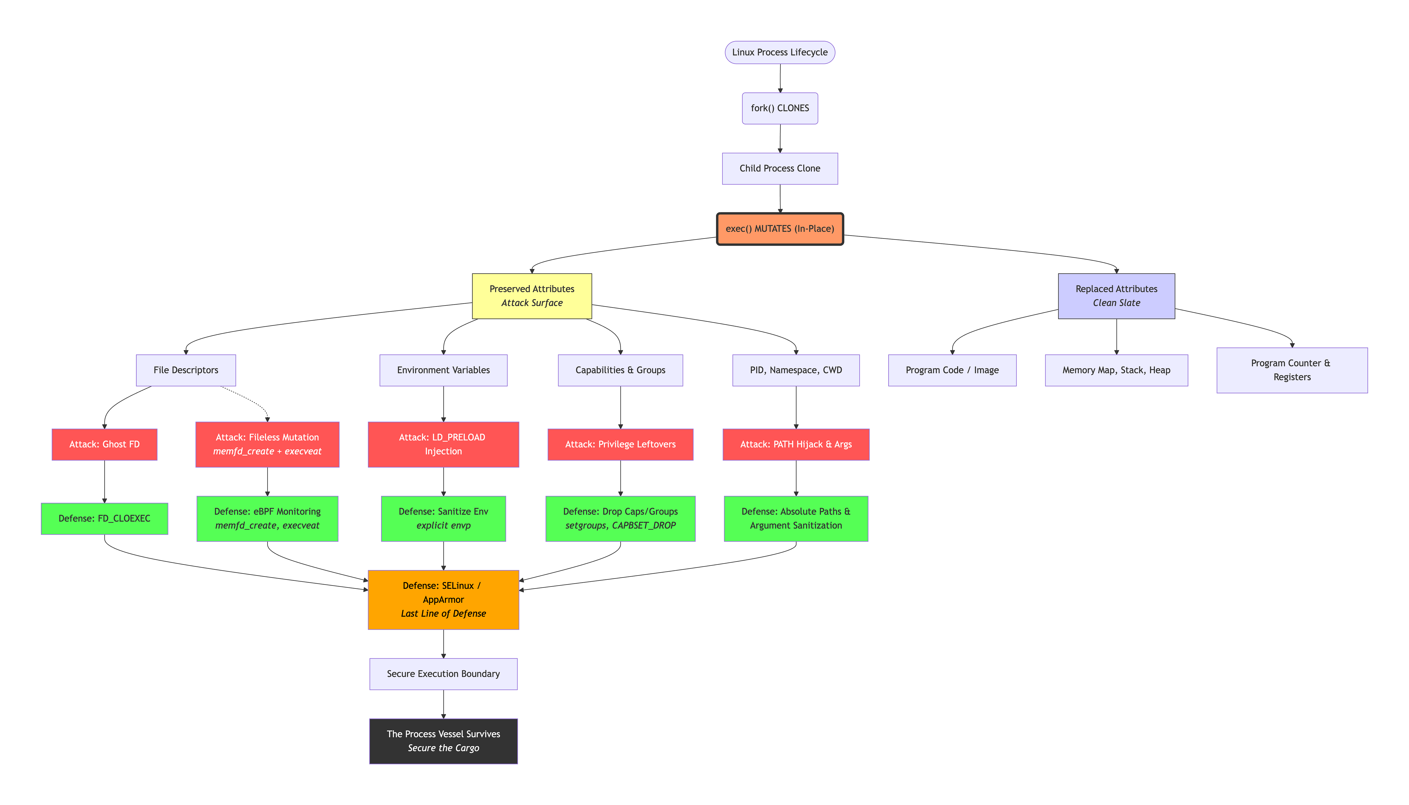 Flowchart showing Linux exec() mutation: preserved attributes (file descriptors, environment, capabilities, PID/namespace/CWD) and replaced attributes (program code, memory map, stack/heap), mapped to five attack vectors (Ghost FD, LD_PRELOAD, Privilege Leftovers, PATH/Args, Fileless Mutation) and six defenses (FD_CLOEXEC, sanitized env, dropped caps, absolute paths, eBPF, SELinux/AppArmor). - THOR