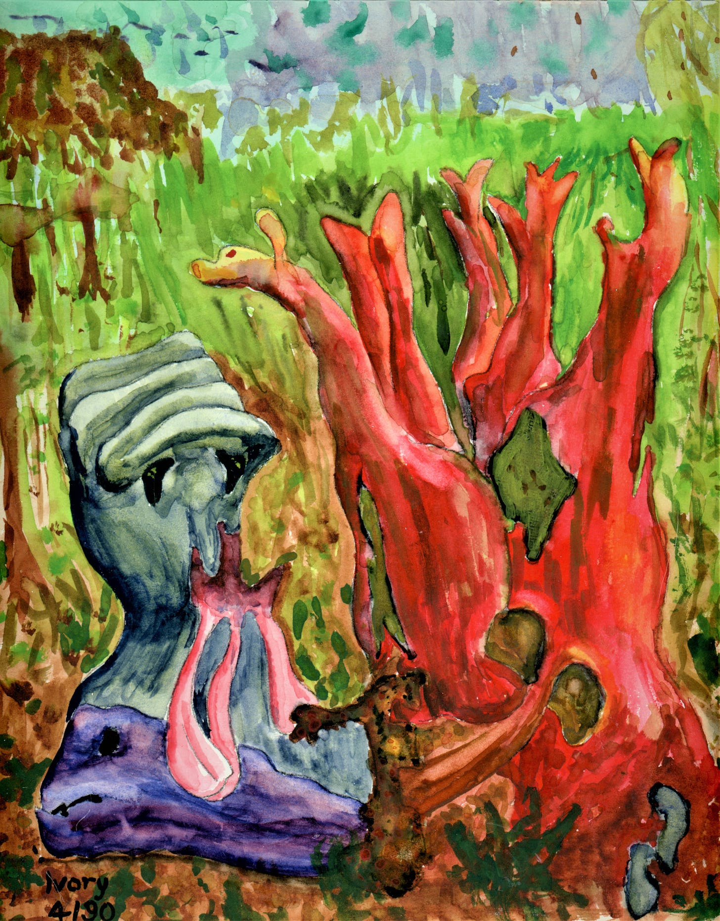 surreal brightly colored painting of alien-looking nature scene