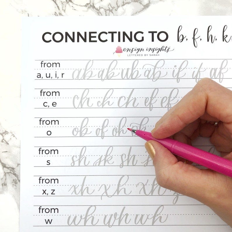 May include: A worksheet with the title "Connecting to b, f, h, k" and a list of letters with instructions on how to connect them. The letters are written in cursive and are in gray. A hand is holding a pink pen and is writing on the worksheet.