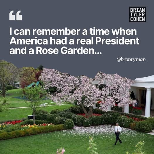 May be an image of 1 person, the Oval Office and text that says '" BRIAN TYLER COHEN I can remember a time when America had a real President and a Rose Garden... @brontyman'
