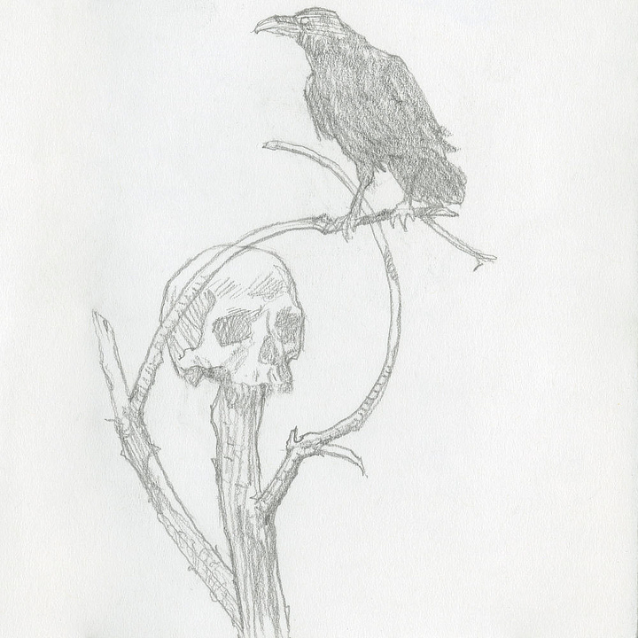 LEFT: Detail from UNWINDING featuring a boy seated at the bottom of a concrete spiral covered in moss. He sits with one knee up braced by his hands wrapping around it.  RIGHT: Pencil sketch of a skull sitting atop the broken trunk of a thin tree. A raven perches on a thin branch crossing in front of the skull.