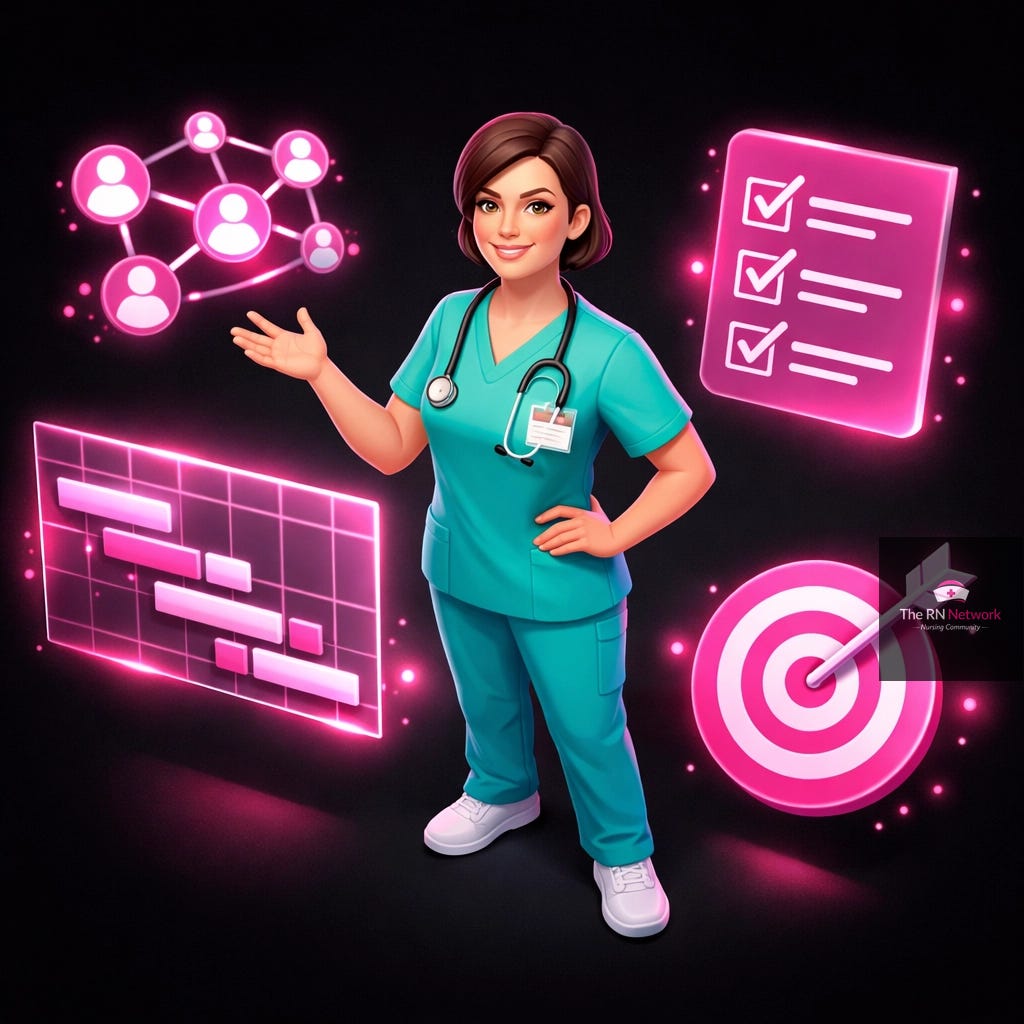 Nurse with project management tools including timeline, checklist, and team collaboration elements Nurse with project management tools including timeline, checklist, and team collaboration elements