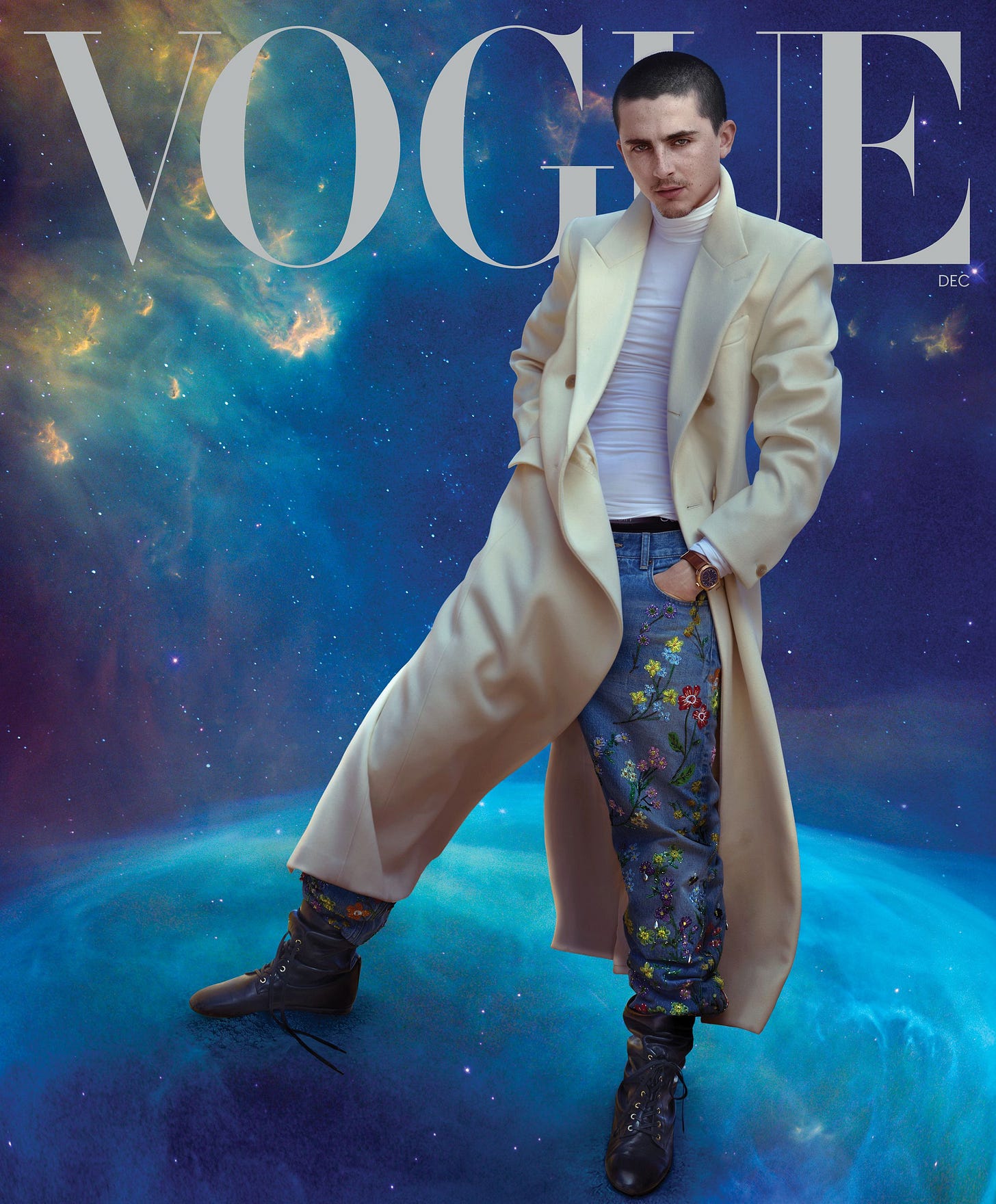 COVER LOOK   Timothe Chalamet in Celine. Urban Jürgensen watch. Image of Emission Nebula O 6.5 Star is courtesy of NASA...