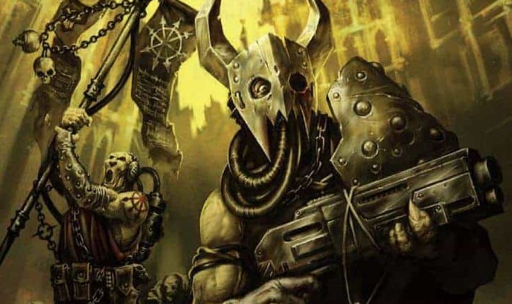 Illustration of Chaos Cultists from Warhammer 40,000 angrily clutching a shotgun and a banner with skulls dangling on chains 