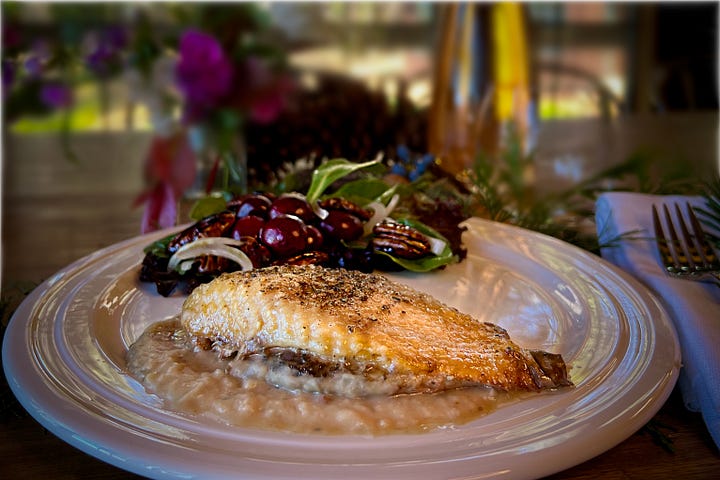 Slow Roasted Duck Breast, White Bean Purée, Cherry Candied Pecan Warm Bacon Vinaigrette Salad