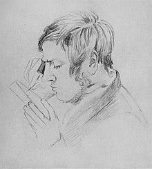 Pencil drawing of John Greenaway at work, by Birket Foster 