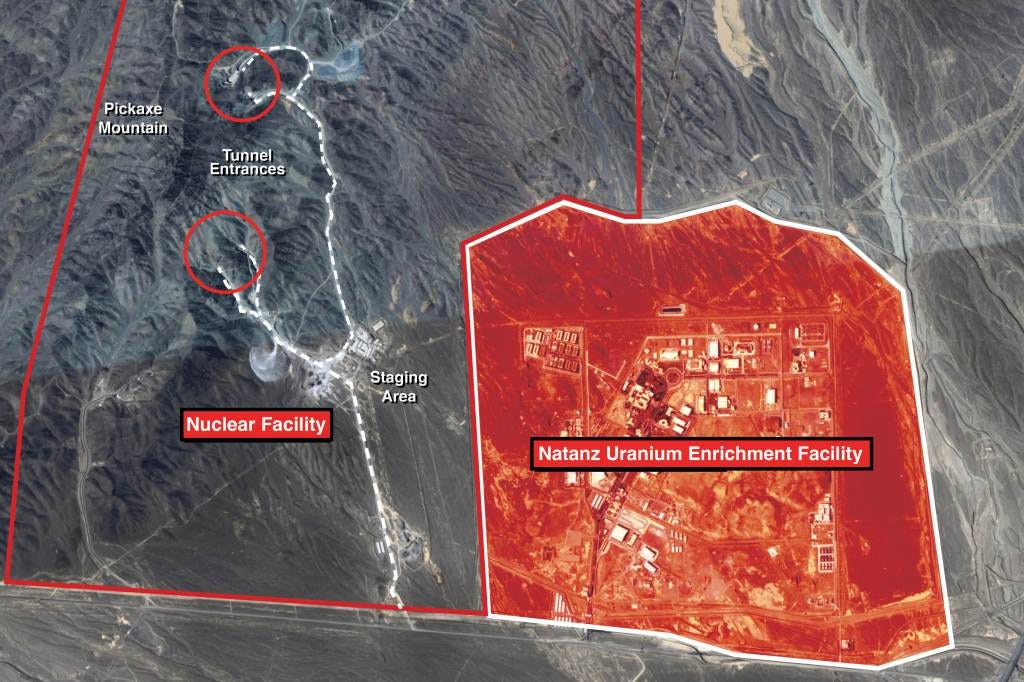 Satellite image of the Natanz Uranium Enrichment Facility near Pickaxe Mountain, showing the facility, staging area, and tunnel entrances.