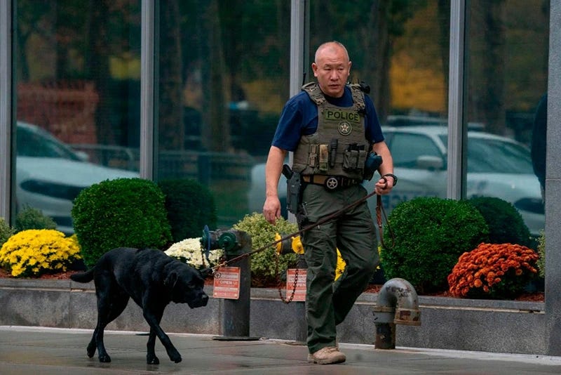A member of the US Marshals Service walks with his dog for the start of jury selection for the El Chapo trial November 5, 2018 at Brooklyn Federal Court in New York. - Joaquin "El Chapo" Guzman goes on trial in New York on Monday, accused of running the world's biggest drug cartel and spending a quarter of a century smuggling more than 155 tons of cocaine into the United States. The mammoth trial in Brooklyn, which will cost millions of dollars and is expected to last more than four months, will see one of the world's most notorious criminals face the US justice system. (Photo by Don EMMERT / AFP) (Photo credit should read DON EMMERT/AFP via Getty Images)