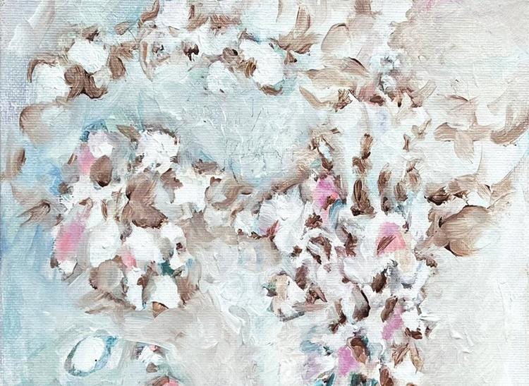 Pale, textured brushstrokes suggest a quiet snowfall over a serene, abstracted field.