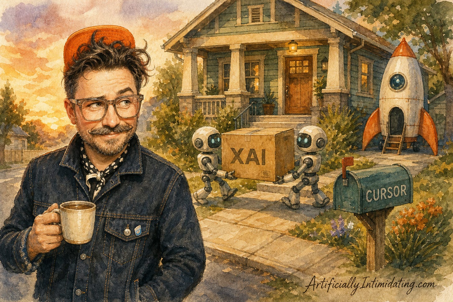 Watercolor illustration: two robots carry a cardboard moving box labeled XAI toward a house whose mailbox reads CURSOR, a small rocket parked in the driveway, while a man in an orange cap watches from the sidewalk with a coffee mug.