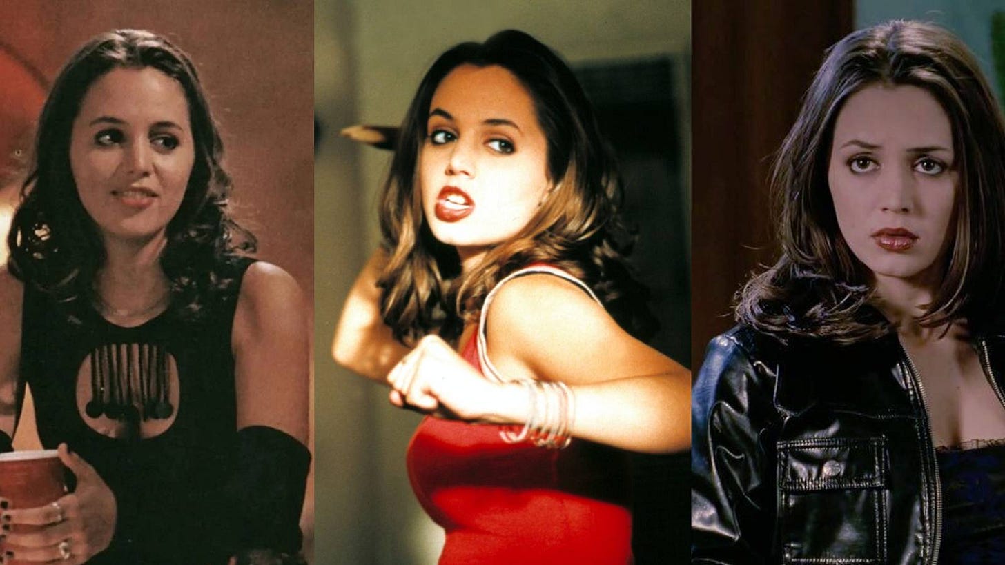 Three side by side images of Eliza Dushku as Faith in Buffy