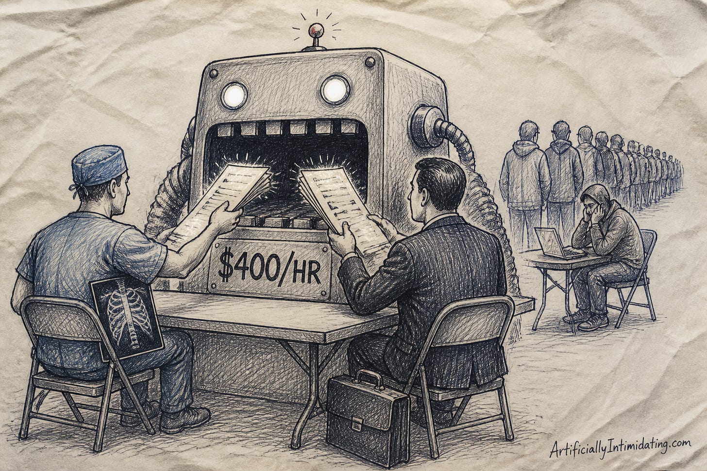 A radiologist and a lawyer feed glowing pages into a hungry grey robot labeled $400/HR while a tired parent at a tiny laptop waits in a long queue behind them. A radiologist and a lawyer feed glowing pages into a hungry grey robot labeled $400/HR while a tired parent at a tiny laptop waits in a long queue behind them.