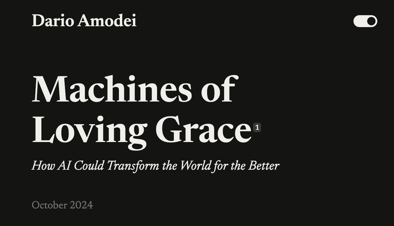 Capa do ensaio de Dario Amodei sobre como a IA pode transformar o mundo para melhor Capa do ensaio de Dario Amodei sobre como a IA pode transformar o mundo para melhor