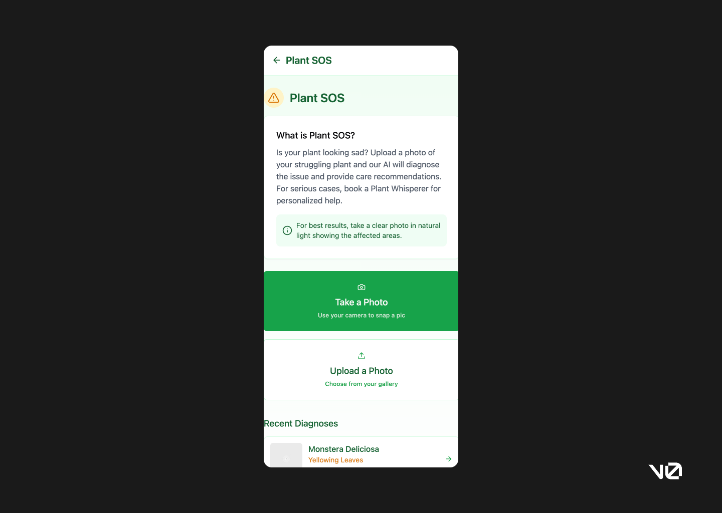 Plant SOS screen prompting user to take or upload a photo of their plant for diagnosis, with instructions for best results and buttons for taking or uploading a photo. Plant SOS screen prompting user to take or upload a photo of their plant for diagnosis, with instructions for best results and buttons for taking or uploading a photo.