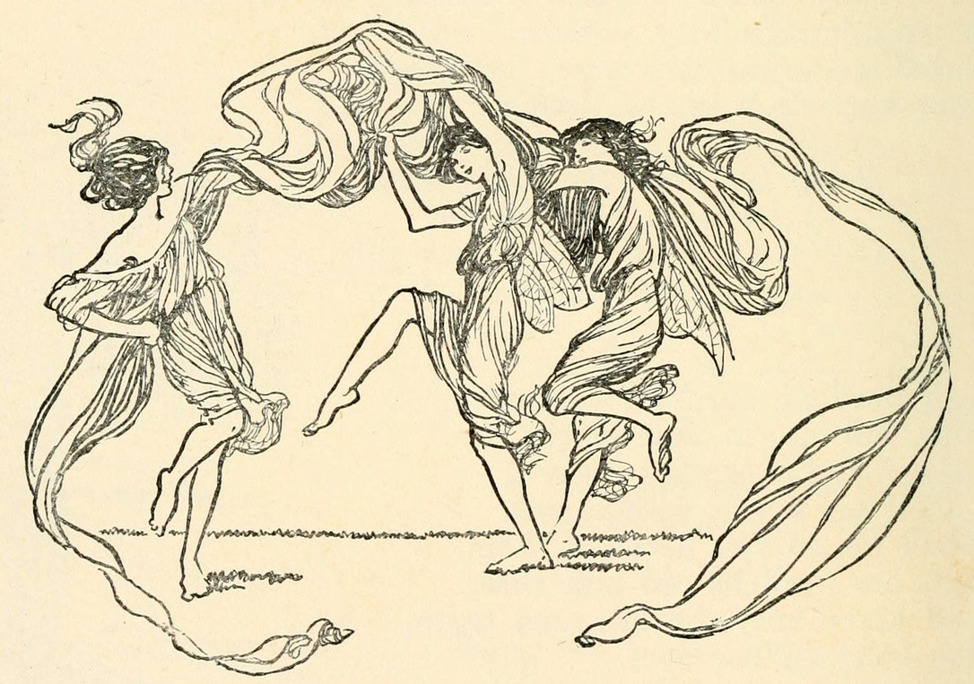 Drawing of three winged fairies dancing with scarves