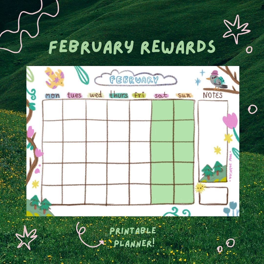 February planner illustrated with cute flowers, leaves and a bird with a backpack, in front of a green landscape. 
