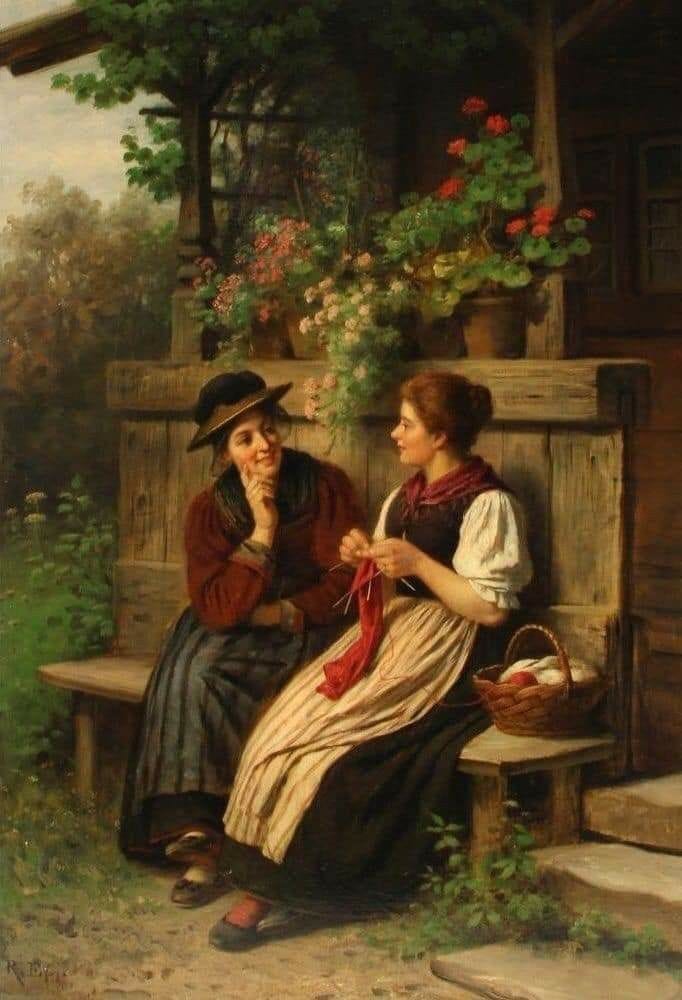This may contain: a painting of two women sitting on a bench talking to each other while holding flowers