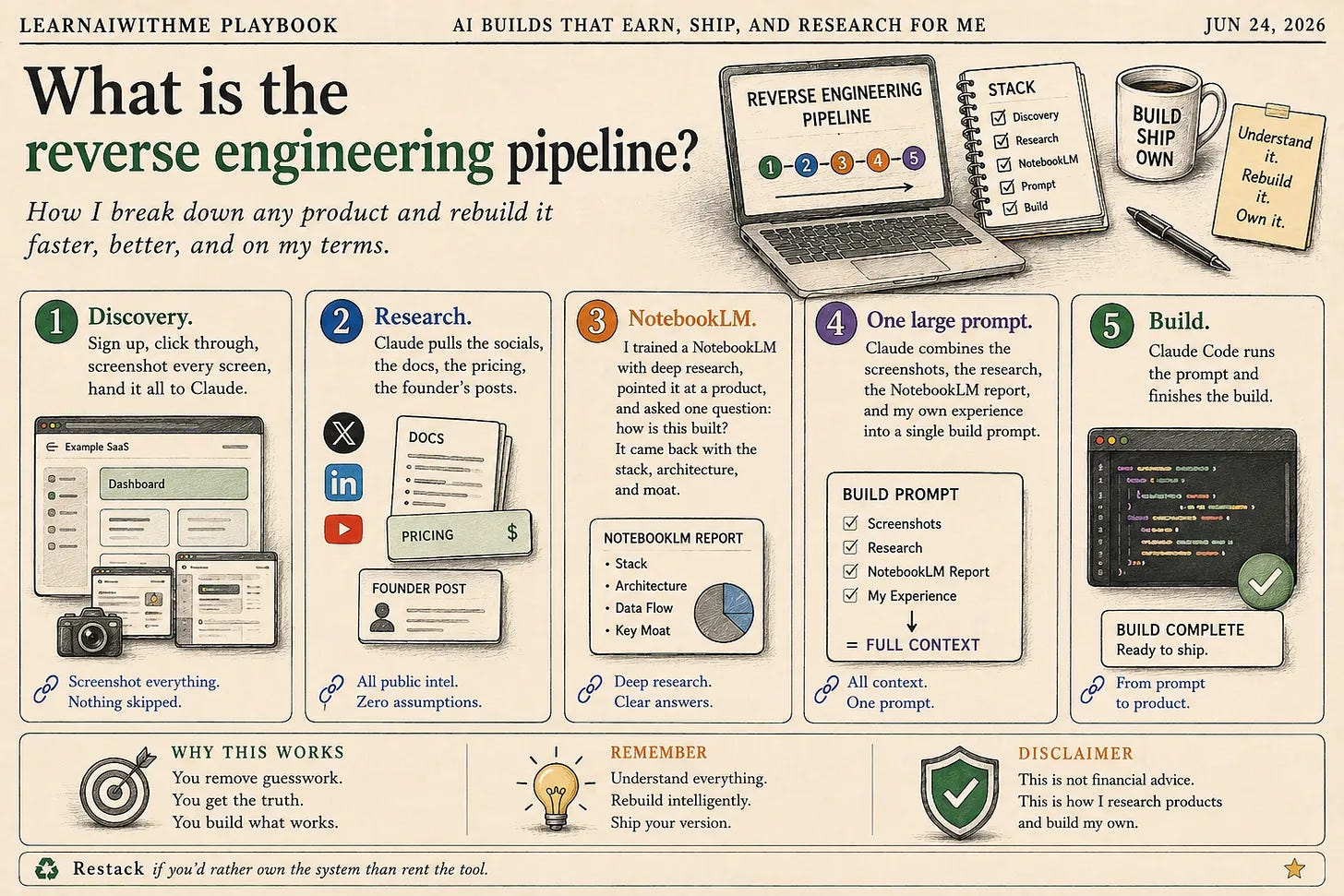 Five-step reverse engineering pipeline infographic covering Discovery, Research, NotebookLM, one build prompt, and Build Five-step reverse engineering pipeline infographic covering Discovery, Research, NotebookLM, one build prompt, and Build