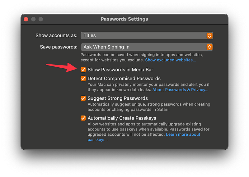 Show Passwords in Menu Bar ticked in the Password Settings highlighting with a red arrow