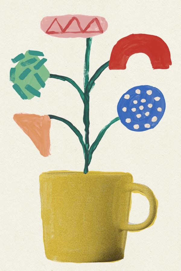 An illustration of a photographed yellow coffee mug with a green flower stem emanating from it. Different painted shapes, some with textures, are on the ends of the tips where the flowers should be. The background is a light cream. 