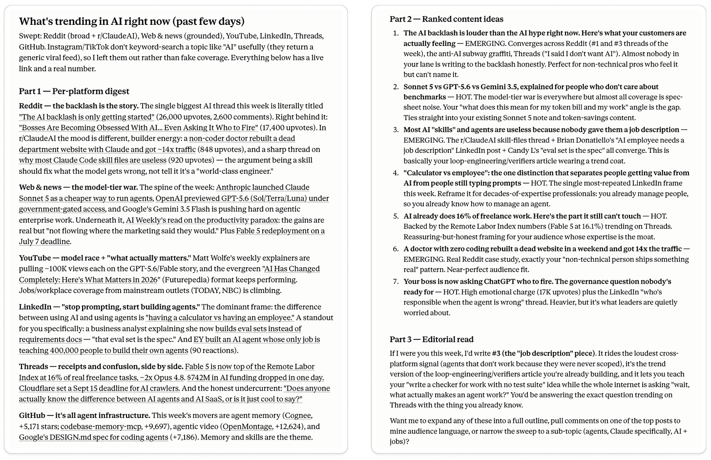 AI trend research results generated in Claude using the Amplifiers workflow, showing a per-platform digest, ranked content ideas, and editorial recommendations with live sources across Reddit, YouTube, LinkedIn, Threads, GitHub, and the web. AI trend research results generated in Claude using the Amplifiers workflow, showing a per-platform digest, ranked content ideas, and editorial recommendations with live sources across Reddit, YouTube, LinkedIn, Threads, GitHub, and the web.