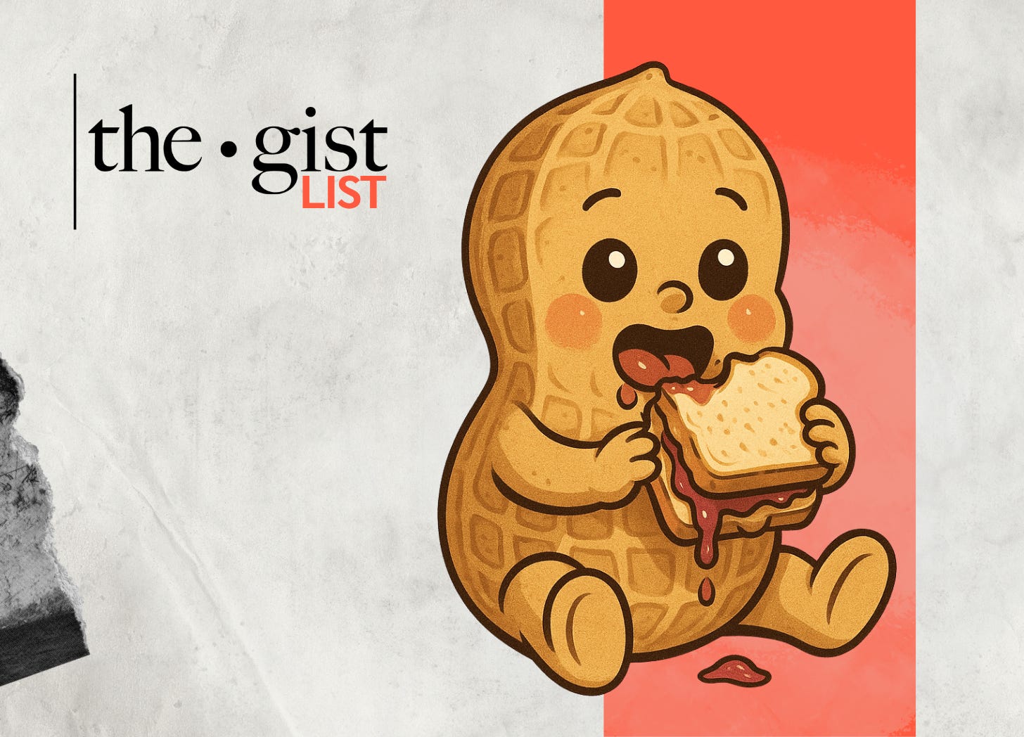 An anthropomorphic peanut baby eating a peanut butter and jelly sandwich.