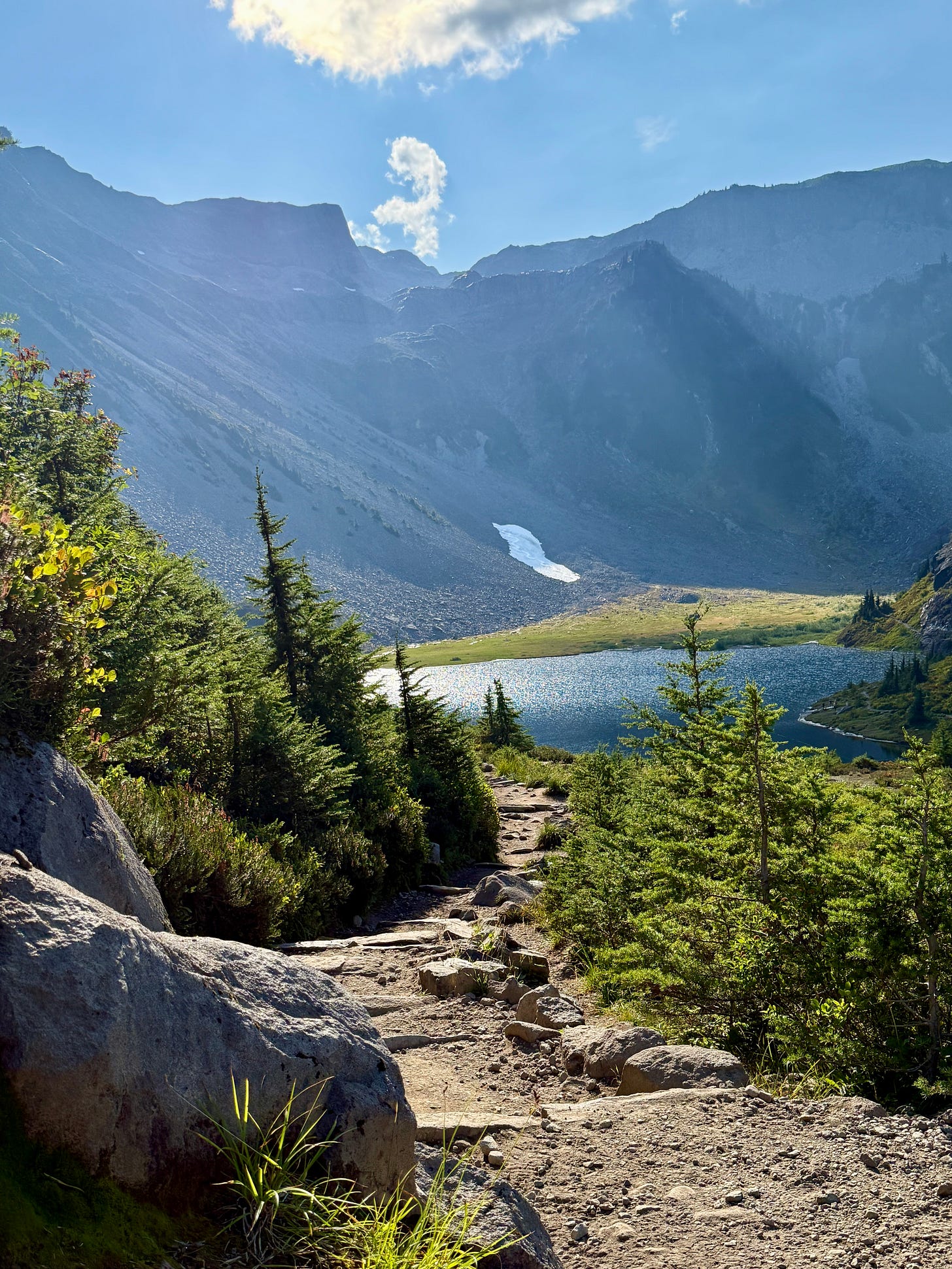 Glacier, lake, and trail, late in the afternoon. Photo by JPC.