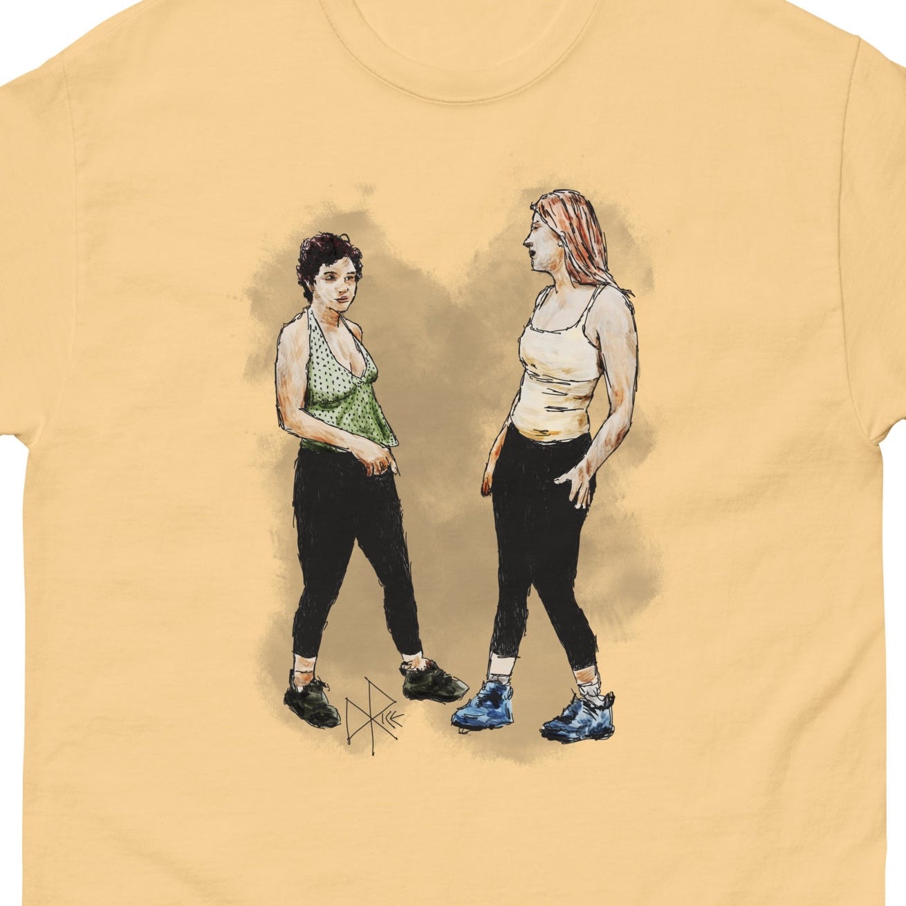Two young women face each other, prepared to wrestle. Sketch art by Don Rice. Two young women face each other, prepared to wrestle. Sketch art by Don Rice.